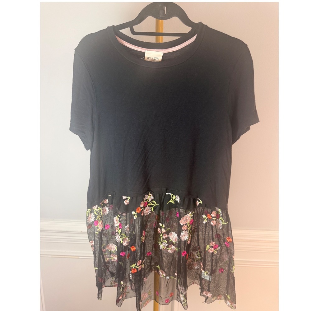 Black Peplum Top Womens Medium Floral Embroidered Mesh Hem Boho Cottagecore